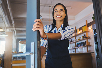 Image showing Welcome to opening cafe, entrance door and store of coffee shop, restaurant or small business. Happy manager, proud entrepreneur and hospitality worker ready for good waitress service in open startup