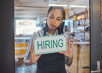 Image showing Hiring, recruitment and about us advertising sign on a glass door of a small business, startup or coffee shop. Cafe store, restaurant or hr manager ready to hire new workers, employees and staff