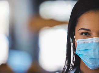 Image showing Covid, mask and portrait of doctor, nurse or medical healthcare worker wearing surgical mask to protect against the coronavirus. Closeup, safety and protection of health during pandemic in hospital.