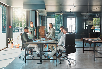 Image showing Corporate business meeting, team collaboration and strategy planning in a startup company. Office workers, diversity employees and workforce having discussion, brainstorm and speaking in an agency