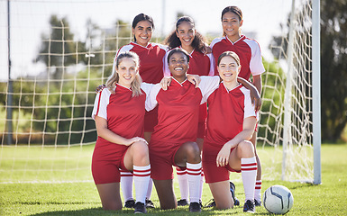 Image showing Female football team smiling, happy and excited portrait before training, match or workout session. Fitness, fit and active soccer people standing together, teamwork and unity for the game outdoors.