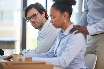 Image showing Sexual harassment, inappropriate sensual work behavior with a woman worker and man seeing a crime. Business employee with fear of a ceo corporate management leader while working in a company office