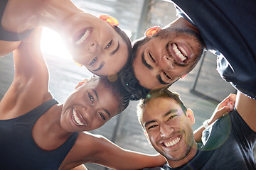 Image showing Fitness, workout and exercise group huddle and hug with an excited energy, motivation and teamwork. Team of training friends looking happy with community support at a sports wellness gym or club