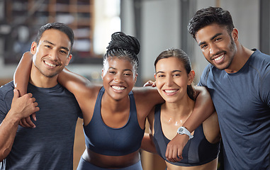 Image showing Fitness, workout group, team or people in a happy portrait for good training exercise or gym class session. Diverse sports friends, man and woman face together for health, wellness and body strength