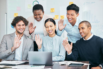 Image showing Businesspeople, team or group of professionals, waving and greeting during a video conference and virtual meeting on a laptop. Diverse employees of b2b advertising and marketing agency saying hello