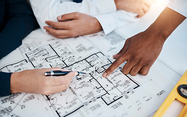 Image showing Architect people working on architecture design, blueprint or floor plan engineering with paper, hands and planning studio closeup. Business team industry workers collaboration on project development