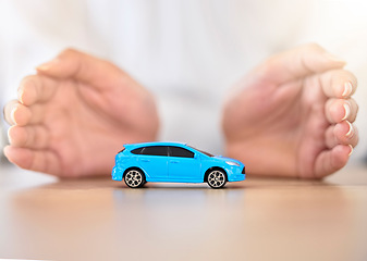 Image showing .Hands, car and insurance with a business employee covering transport with her hands in her company office. Finance, saving and transportation with a broker offering to secure your vehicle at work.