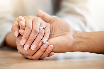 Image showing .Married couple hands for loving trust and empathy or support. Husband being understanding for wife infertility show love, help or hope. Man feeling compassion, kindness and affection for partner.