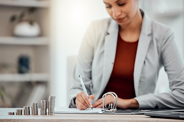 Image showing Pay, money and hands busy with tax files for the financial year and season. Advisor or accountant doing paperwork and checking debt for client as well as profit that should be paid to their account.