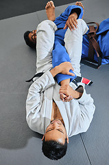 Image showing Fitness, exercise or training with an mma or karate student and teacher learning and exercising in a workout in a gym or health studio from above. Sport, wellness and fighting with a fight instructor