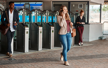 Image showing Business woman talking on phone call, commuting on training or bus and walking in urban city. Happy person with smile making conversation, calling a taxi cab and connecting with people online in town