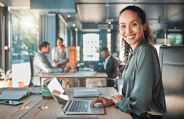 Image showing Happy entrepreneur, professional and smile business woman planning on laptop for career success, motivation and startup growth. Portrait of confident, empowered and positive young worker in an agency