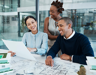 Image showing 3d industrial architecture design and engineer planning collaboration and building model for construction in creative studio. Happy designer and diversity team meeting in office for property industry