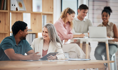 Image showing Digital marketing, planning and discussing strategy while diverse colleagues sit together to talk about growth development and innovation. Happy entrepreneurs with a positive mindset using tablet