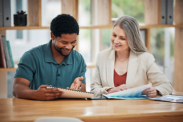 Image showing Female leader, manager or boss meeting with an employee, colleague or project leader to discuss a project or report in the boardroom. Business man and woman talking about growth and development