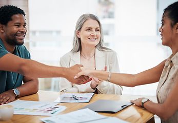 Image showing Finance, banking and loans, a handshake seal the deal for a happy, young startup entrepreneur. Meeting, review and approval, an African man, his financial advisor and a lady agent shake on investment