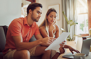 Image showing Anxiety, debt and stress with a couple paying bills on a laptop, checking their budget and savings. Young husband and wife looking worried while reading a loan application or contract together