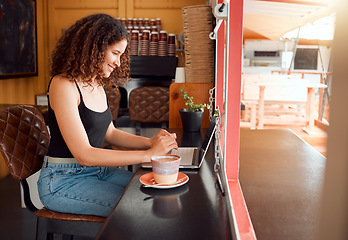 Image showing Coffee shop owner, cafe manager or startup company woman on her laptop working, planning and organizing project ideas for website. Happy, smiling and excited business freelancer doing SEO research