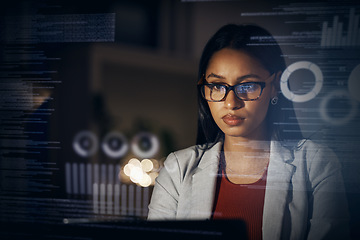 Image showing Digital IT technician or software developer coding user interface or UX program code on computer at night. Futuristic javascript SSL language with genius female engineer reading security information.