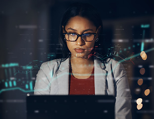 Image showing Finance business woman working on laptop in dark office, trading and learning on internet in a dark office at night. Cgi of manager and corporate worker doing stock market analysis and research