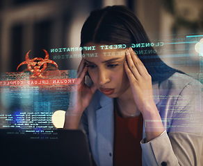 Image showing Cyber security, hacking and data analytics employee, tired from working on it, software engineering glitch. Big data, cloud computing and information technology worker with credit database hacker