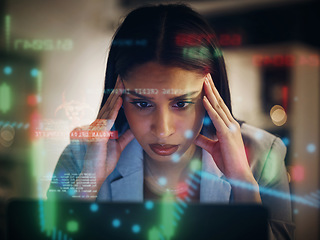 Image showing Headache, stressed and serious frustrated finance trader feeling bad, tired and unhappy with her financial stock investments. Upset, worried and worried female thinking while working on her computer