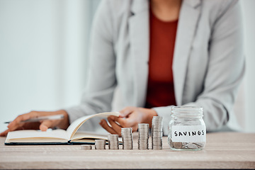 Image showing Accounting business woman counting her personal savings at home, planning budget to pay bills for the month. Finance savvy and professional female writing in a financial diary for investment funds