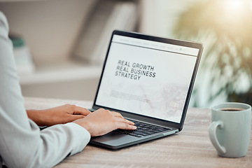 Image showing Strategy, growth or advertising plan on laptop with corporate businesswoman working on marketing presentation for startup company. Management employee reading email at desk in her home office