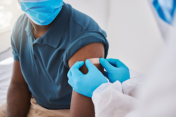 Image showing Hospital nurse, covid vaccine flu shot and patient with mask, bandage plaster arm, medical doctor or healthcare professional worker. Coronavirus epidemic and disease control by medical expert.