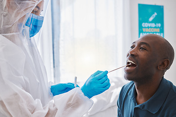 Image showing Doctor, healthcare and covid test using swab in mouth of a patient to collect specimen at testing center. Medical professional in hazmat suit for hygiene while working with coronavirus in a hospital