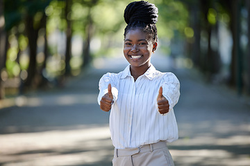 Image showing Thumbs up, motivation and success with a young business woman standing outside. Yes, thank you or we are hiring and a worker with a hand sign as a winner, in agreement or achievement of a goal