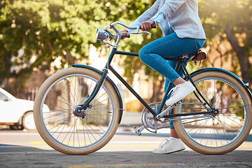 Image showing Adventure, street travel and bike break outdoor in urban city in summer. Woman with vintage bicycle in a road for transport. Sustainability person traveling with health mindset or healthy energy