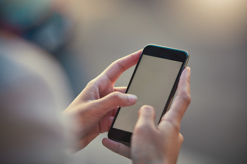 Image showing Smartphone, closeup and mockup of mobile screen while hands are typing. Communication with 5g technology and internet on cellphone. Person holding phone to connect with people while outdoors.