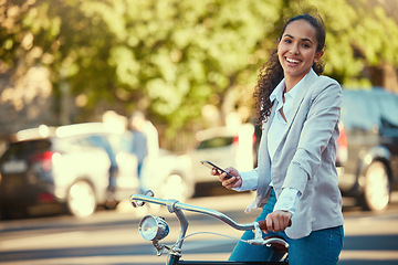 Image showing Business woman, bicycle and taking a mobile break outdoors in the street. Working lady in business travels with sustainable transport. Carbon neutral worker enjoys exercise and bike ride outside.
