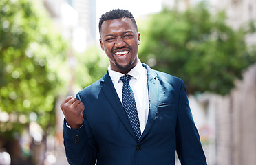 Image showing Portrait of businessman, leader or CEO celebration, winner and happy outside in the city. Manager with happiness and motivation for business success and profit with a smile and pride for achievement