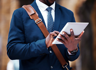 Image showing Hand of business man working on 5g digital tablet in city, typing email online and networking on web. Professional corporate employee planning strategy on internet and marketing on social media