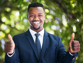 Image showing Thumbs up, success and businessman happy, satisfied and excited about job opportunity or goal. Portrait of a black entrepreneur feeling like a winner, saying thank you and sharing motivation outside