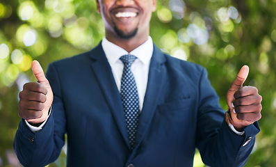 Image showing Happy businessman, corporate success and two thumbs up sign. Focus hands of African entrepreneur worker in suit, working professional goal, portrait showing employee support of compliance agreement.