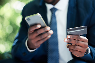 Image showing Online, hands and banking of business man in ecommerce with digital purchase on phone with credit card. Businessman advertising at work in marketing, shopping and internet with mobile technology.