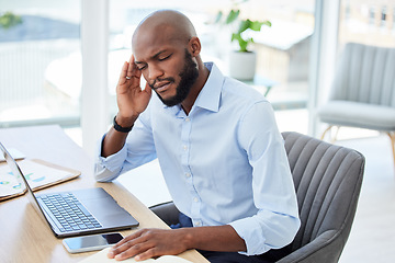 Image showing Burnout, headache and stressed businessman working on laptop with problem, bad mental health or stressful job. Male manager rubbing head and feeling overworked, tired or exhausted at web tech company