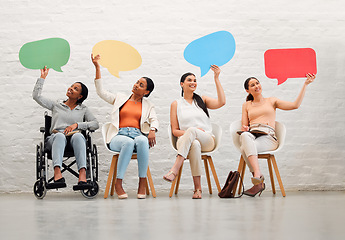 Image showing Diversity, collaboration or social media speech bubbles of women community news thinking in digital advertising office space. Communication, review or vote mockup of friends with disabled woman