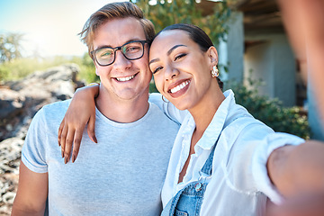 Image showing Selfie of interracial couple in love, smile and romantic date with care, bond and relax in summer outside. Portrait of happy boyfriend and girlfriend on holiday with special vacation photo together