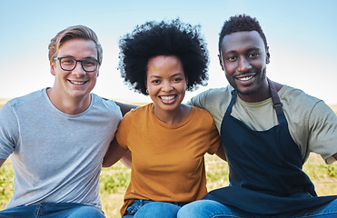 Image showing Happy friends, business people or vineyard industry workers on wine making farm or countryside with man, woman and blue sky. Diversity, teamwork and collaboration portrait or face of sommeliers