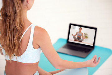 Image showing Meditation, video call and yoga woman in online class for chakra energy and stress relief, with spiritual mentor or coach. Young female in wellness with freedom, peace or zen virtual teacher