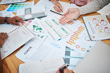 Image showing Above table with finance papers, graphs and big data during teamwork meeting with accounting or marketing team discussing budget, strategy or growth development. Closeup of SEO team doing research