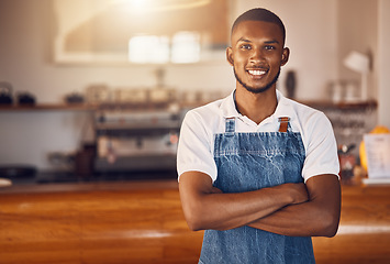 Image showing Cafe manager, coffee shop startup and waiter working in hospitality service food industry. Portrait of a happy, smile and proud small business entrepreneur with motivation for success in restaurant