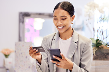 Image showing Woman online shopping on phone with ecommerce credit card internet payment method. Female pay bills, buying or making website store purchase. Happy customer check balance on bank digital money app.