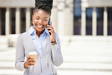 Image showing Happy business woman on a phone call and drinking coffee while outside in the city, happy and confident. Young entrepreneur planning with investors, discussing strategy and innovative idea