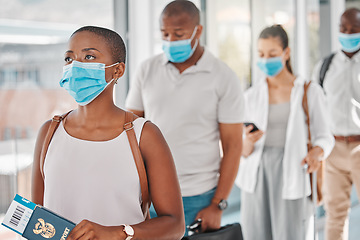 Image showing Passport, covid and people in airport to travel during global pandemic in safety face masks and luggage. International women and man traveling on airplane follow corona virus safety world regulations