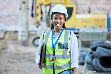 Image showing Happy engineer, construction worker or architect woman feeling proud and satisfied with career opportunity. Portrait of black building management employee or manager working on a project site